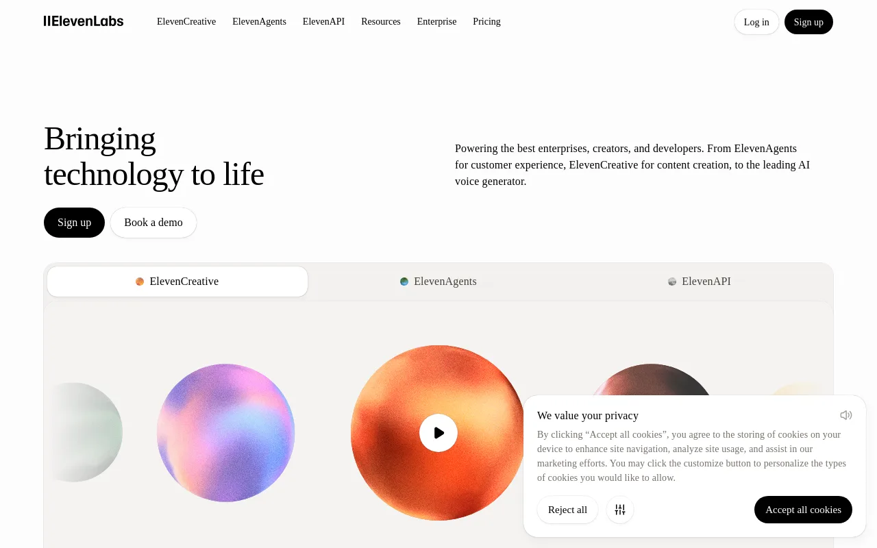 The ElevenLabs site, home of ElevenLabs Music