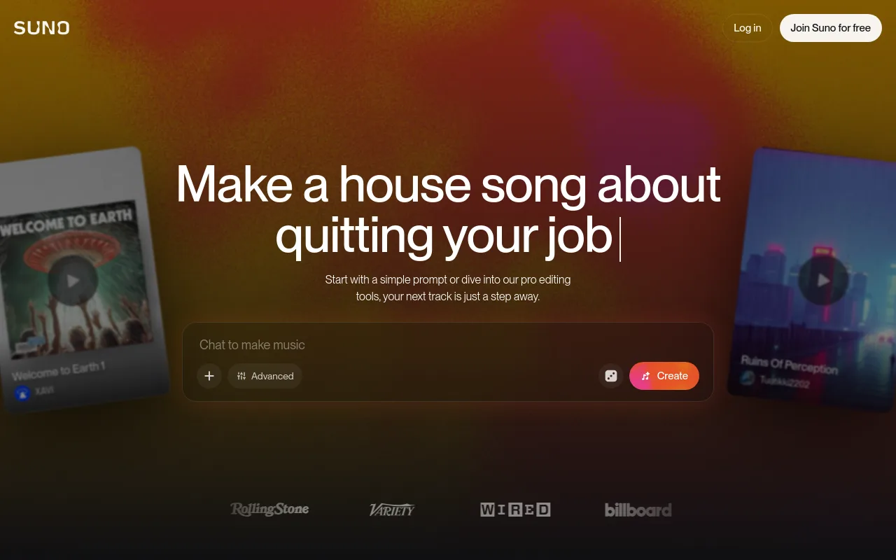 The Suno AI song generator homepage