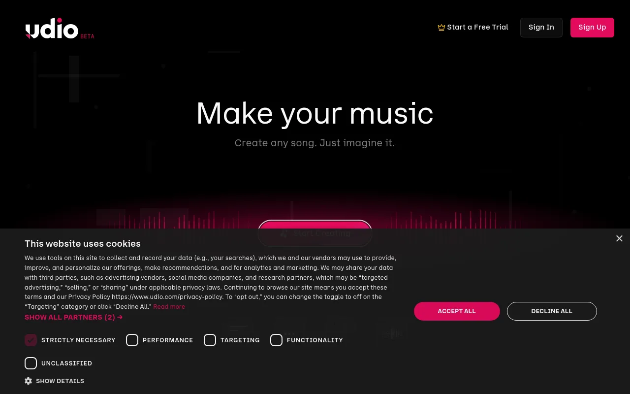 The Udio music generation homepage