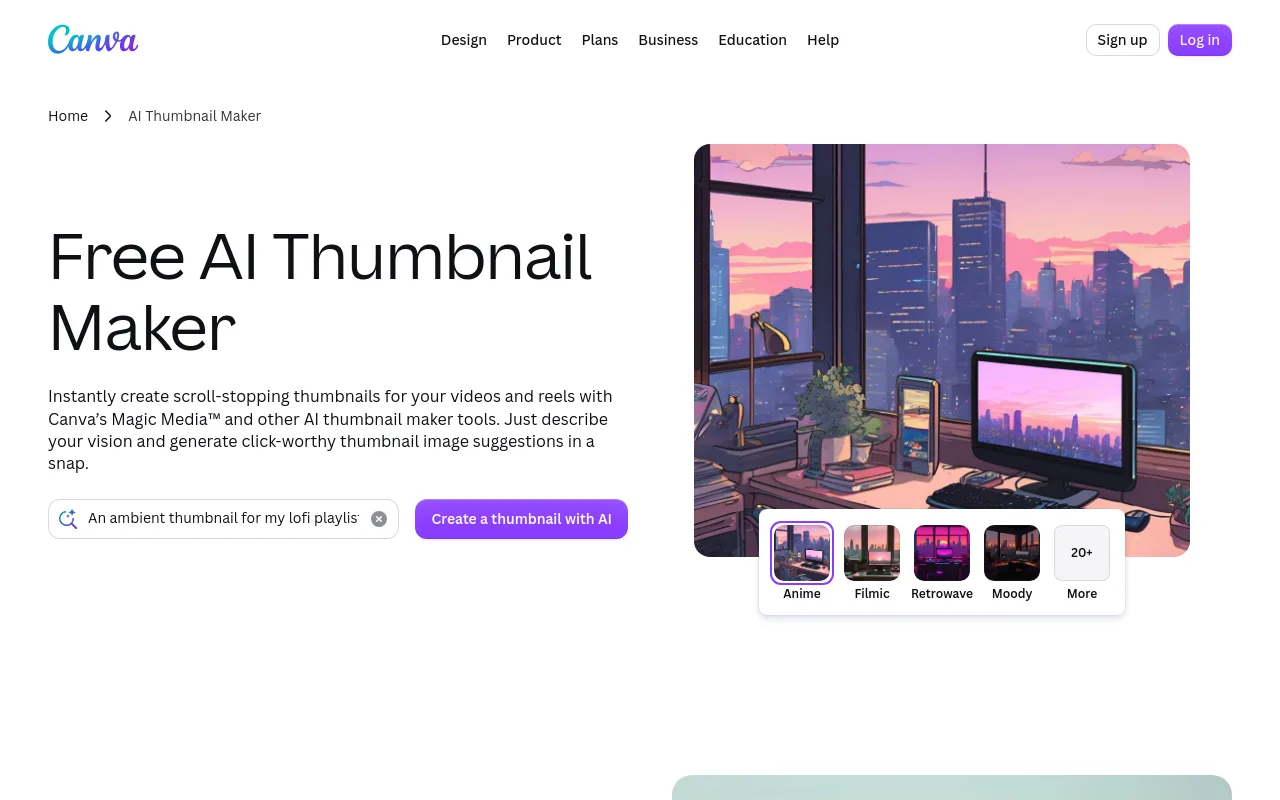 The Canva AI thumbnail maker page
