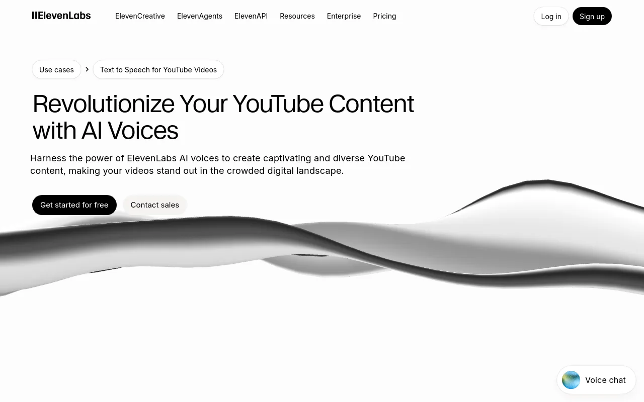 The ElevenLabs YouTube use case page for AI voiceovers