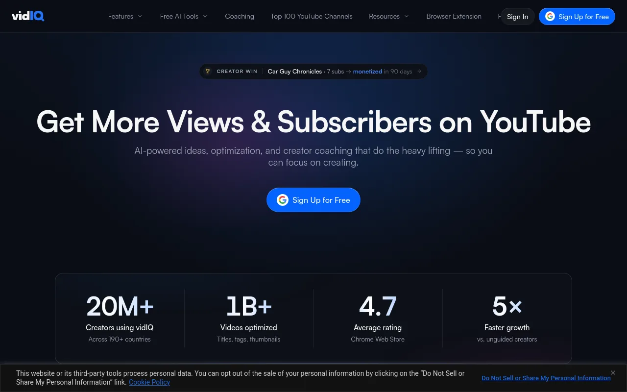 The vidIQ homepage showing YouTube keyword and channel research tools