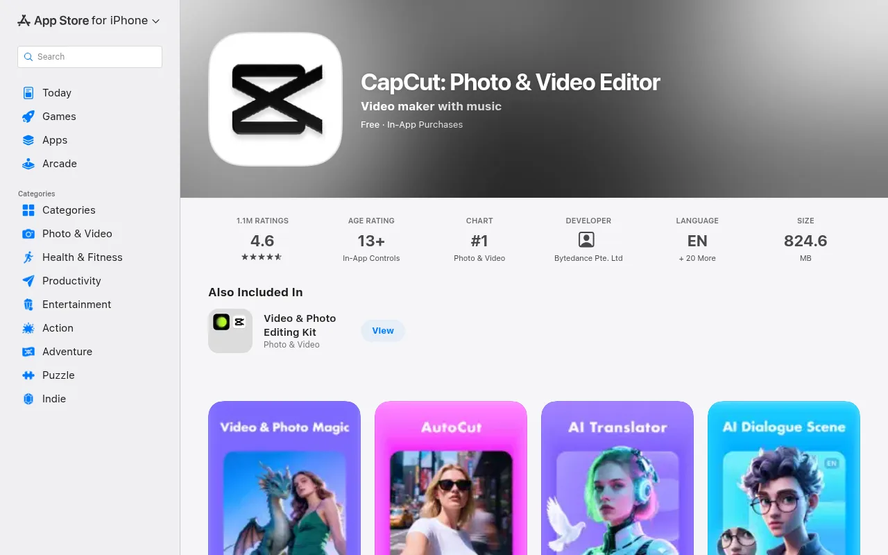 CapCut's App Store listing, showing its rating and in-app purchases