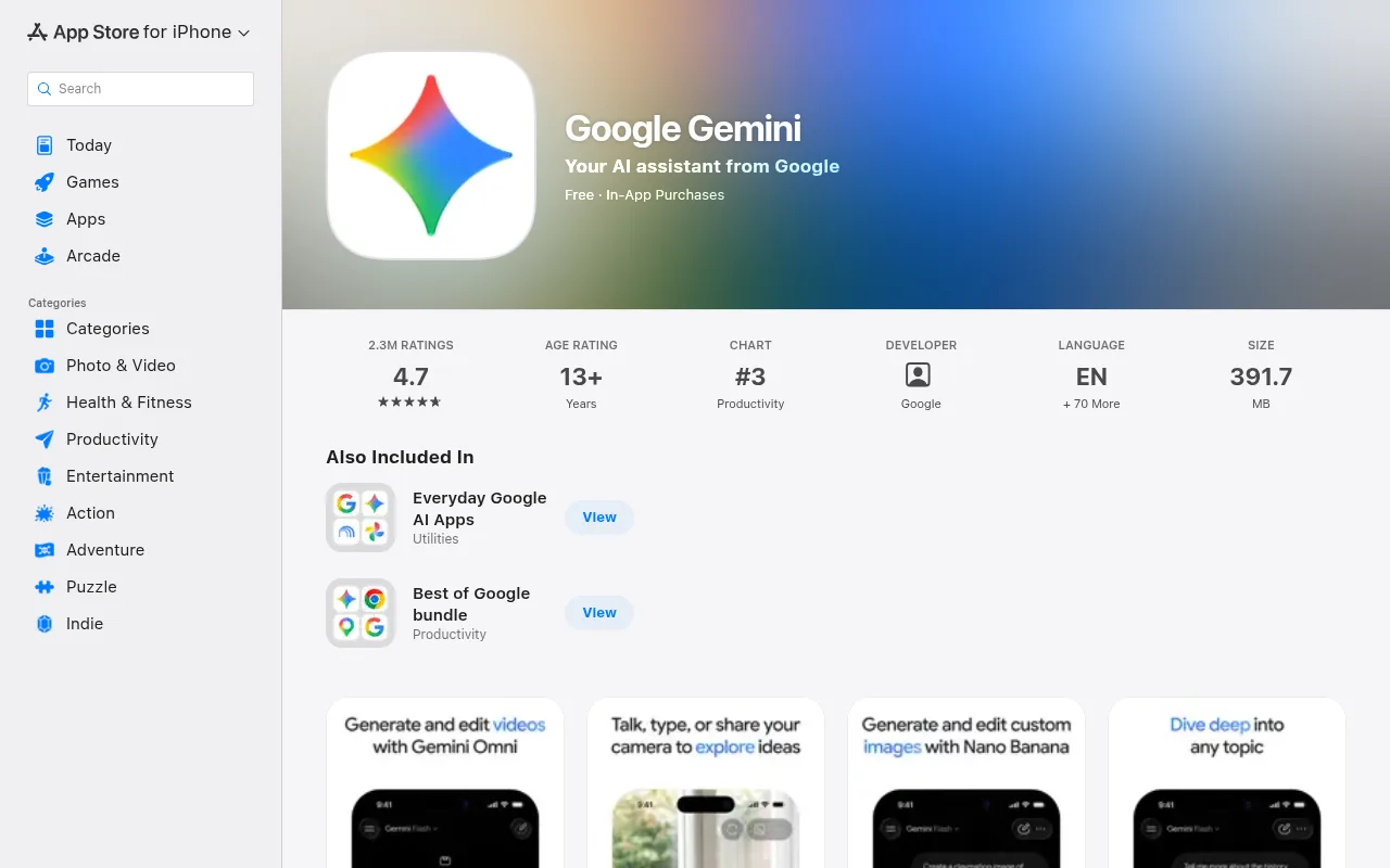 The Google Gemini app on the App Store