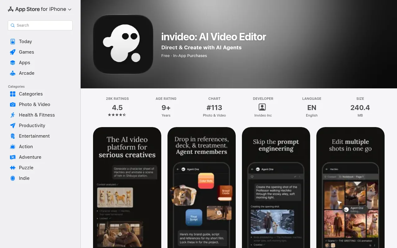 The invideo AI video app on the App Store