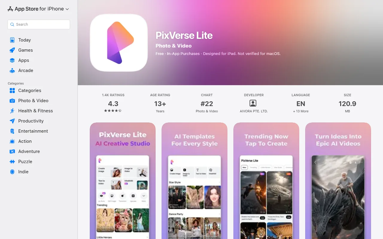 PixVerse Lite on the US App Store