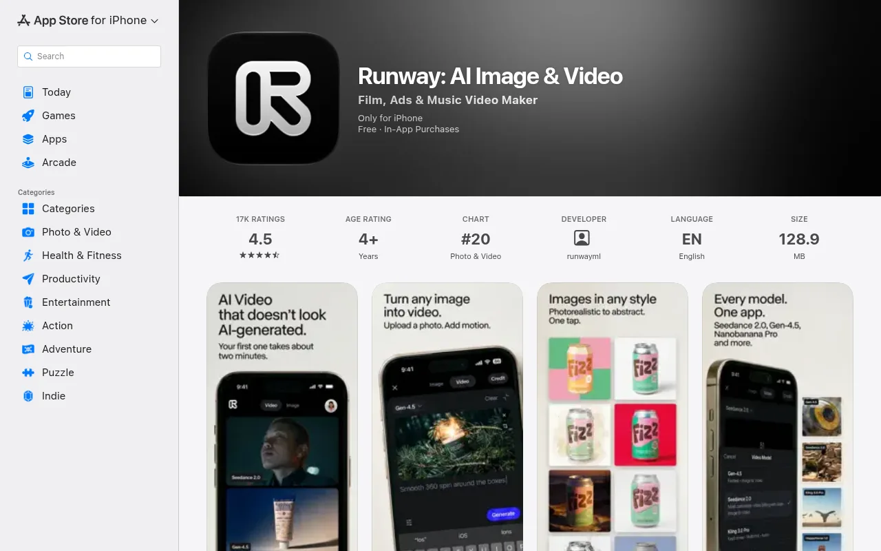 Runway's App Store listing for its AI image and video app
