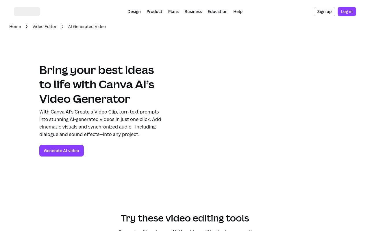 The Canva AI video generator page