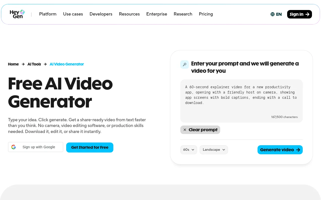 The HeyGen AI video generator landing page
