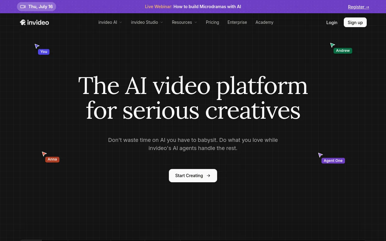 The InVideo AI landing page