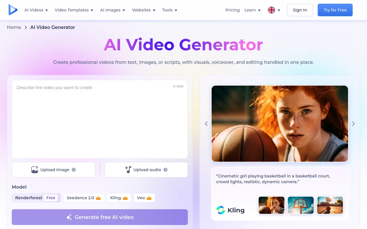The Renderforest AI video generator workspace