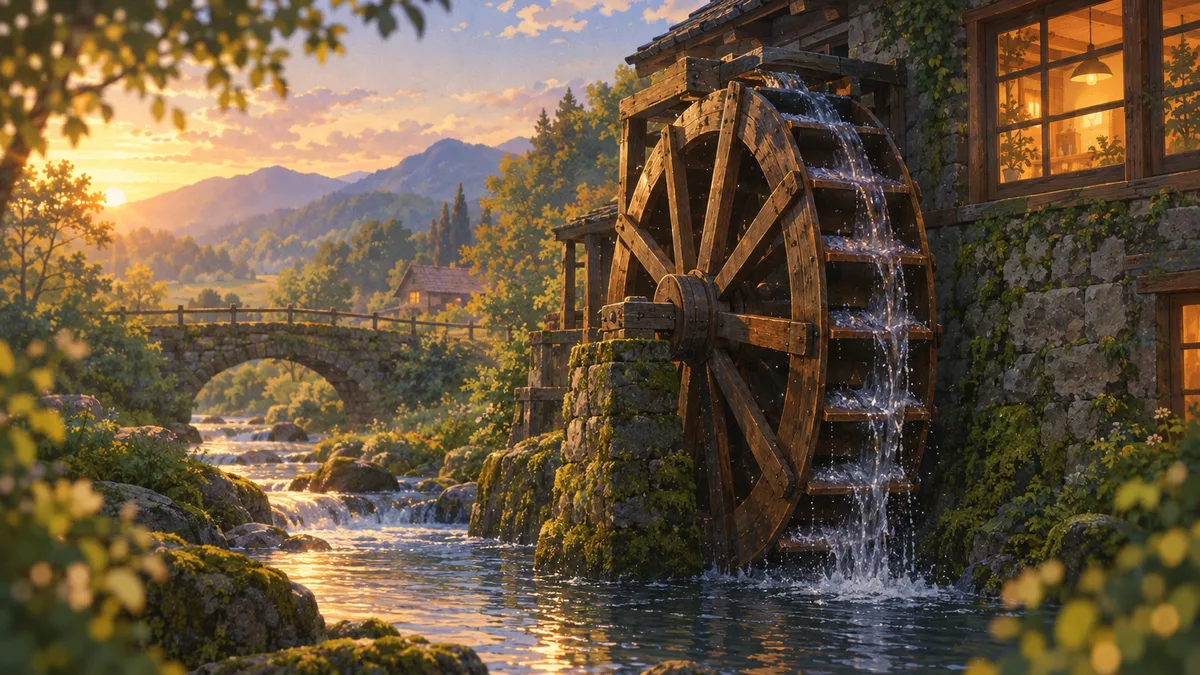 A wooden water wheel turning beside a mill stream in late afternoon light, water spilling off each paddle back into the stream.