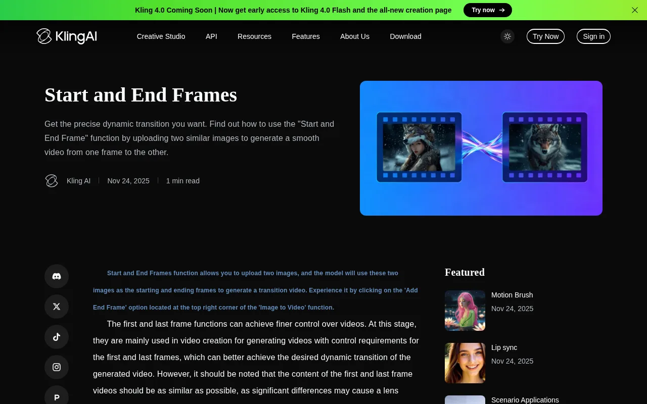 Kling's guide to its Start and End Frames feature