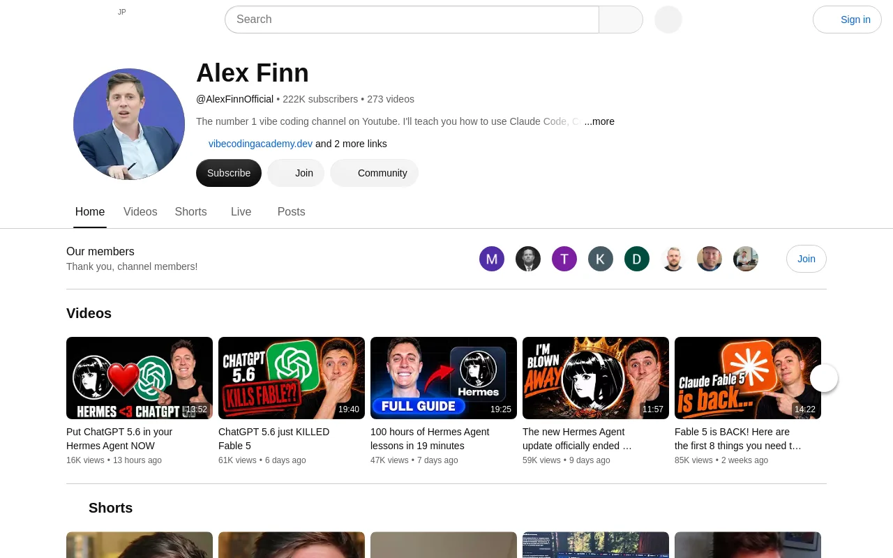 The Alex Finn channel on YouTube