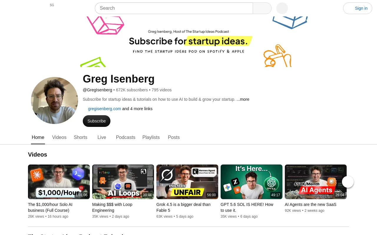 The Greg Isenberg channel on YouTube
