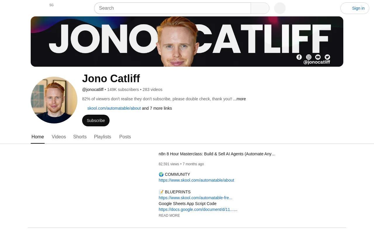 The Jono Catliff channel on YouTube