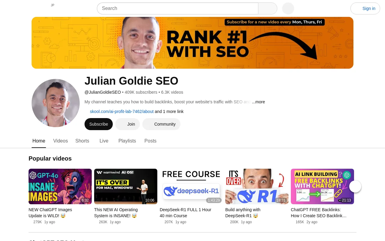 The Julian Goldie channel on YouTube