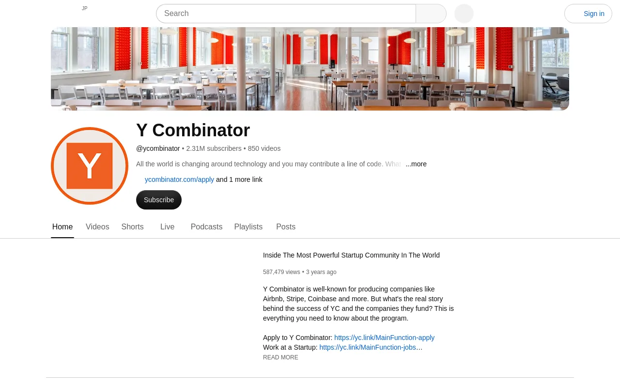 The Y Combinator channel on YouTube