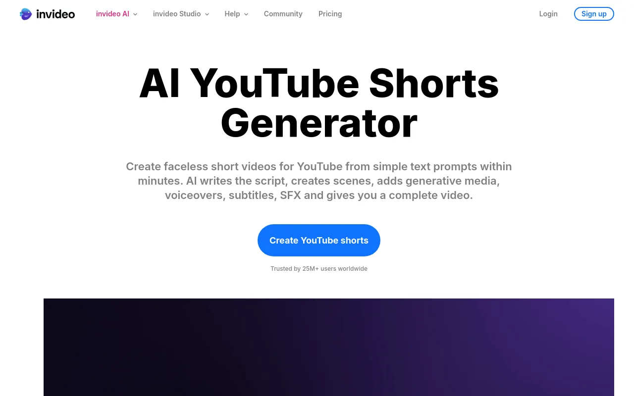 The Invideo AI text-to-Shorts generator landing page