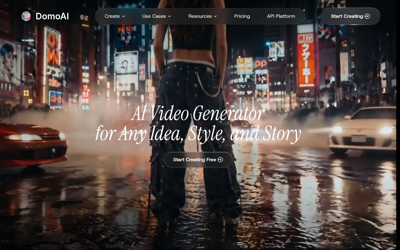 The DomoAI homepage, which turns footage and images into anime-style video