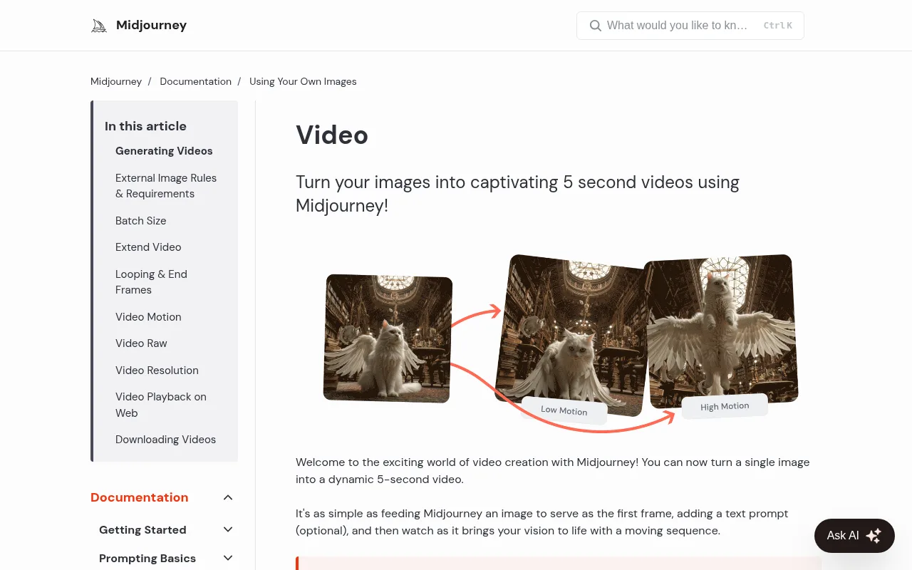 Midjourney's video help page on turning an image into a 5 second video