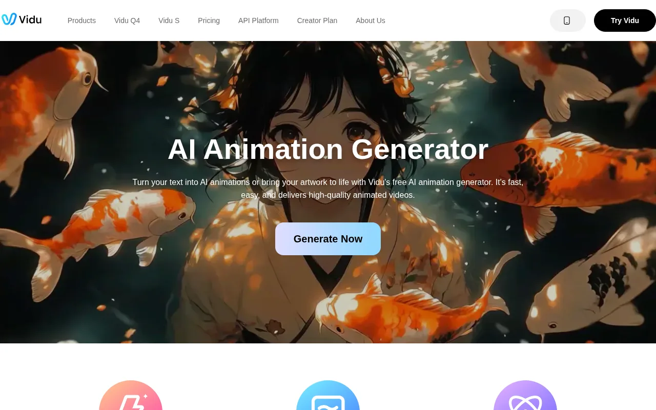 Vidu's AI animation generator page for anime characters and scenery