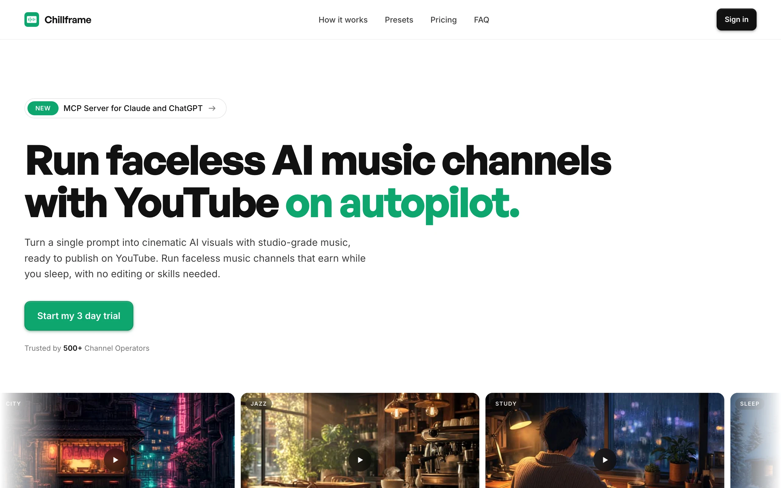 The Chillframe landing page with preset lofi video previews
