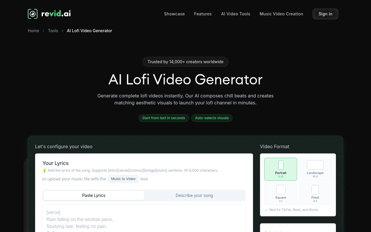 The Revid.ai AI lofi video generator page
