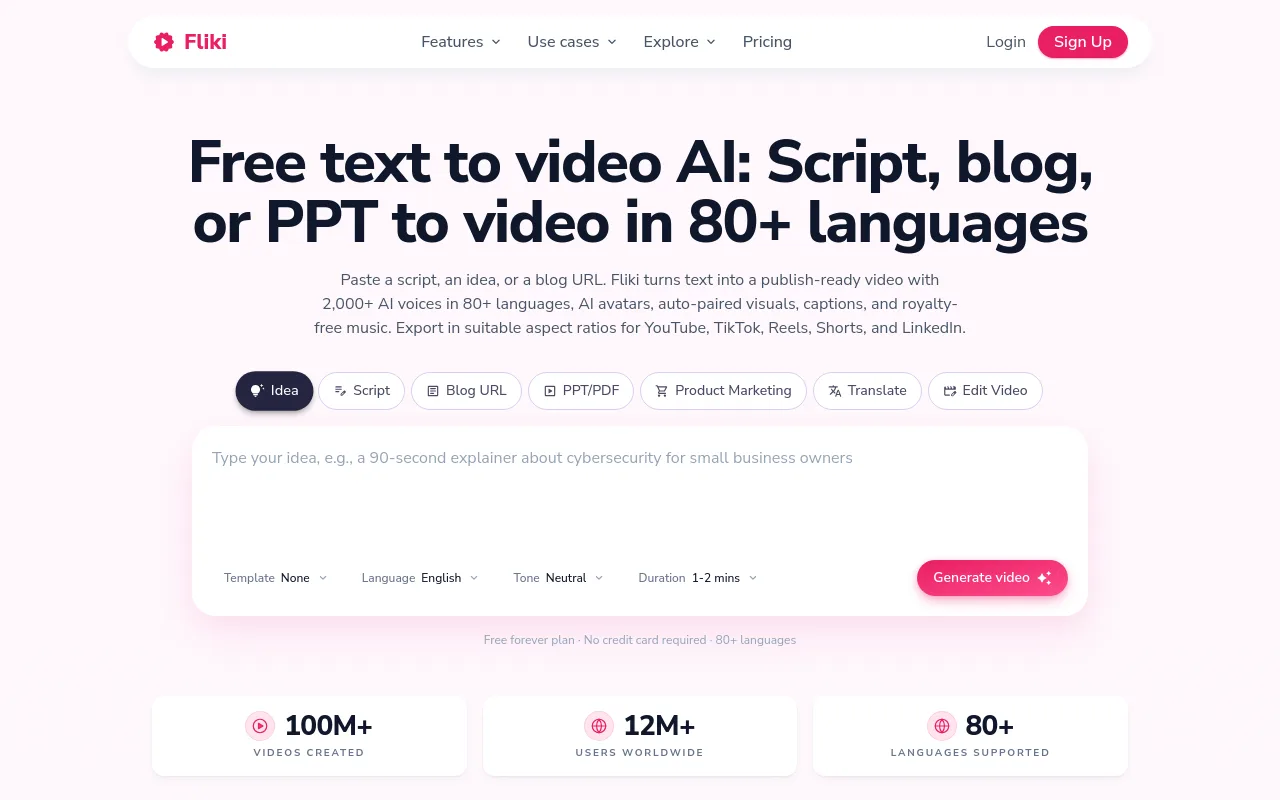 The Fliki text-to-video feature page