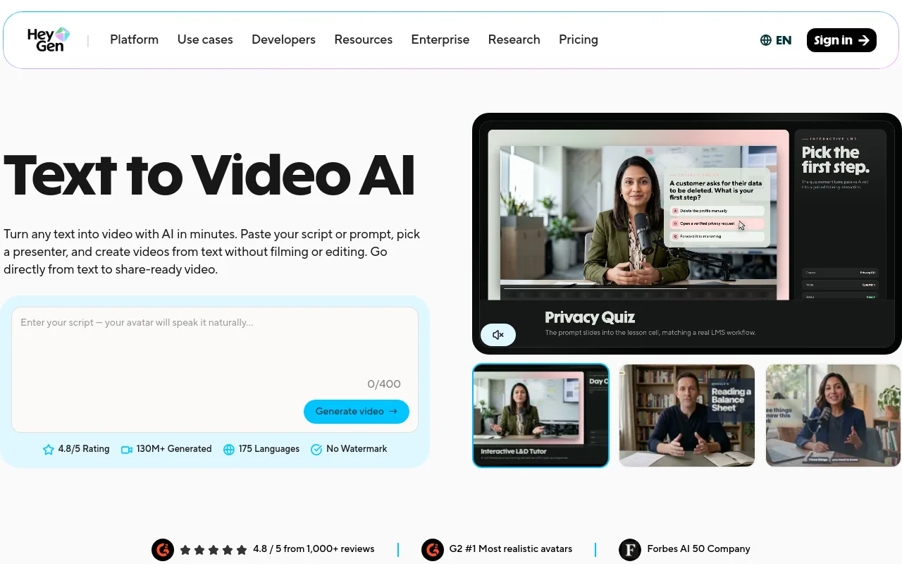 The HeyGen text-to-video product page