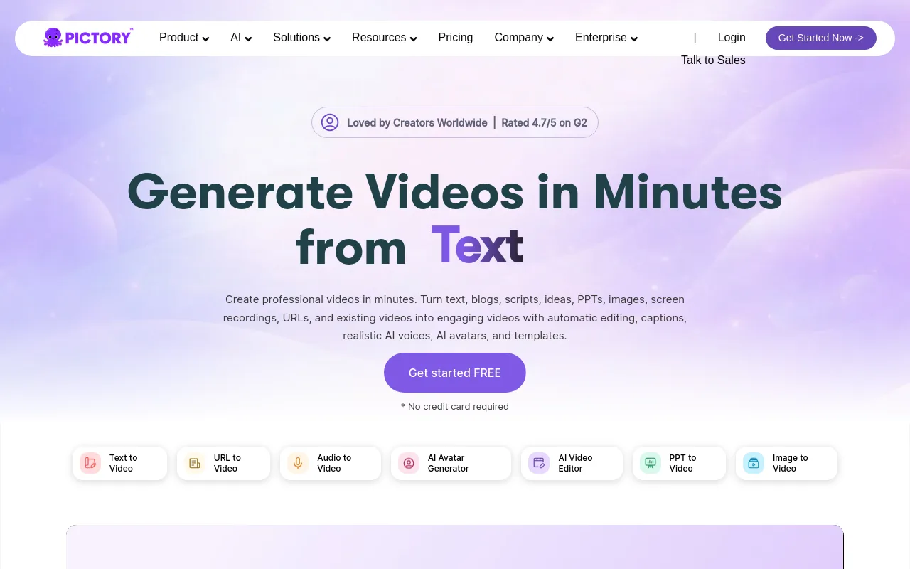 The Pictory homepage