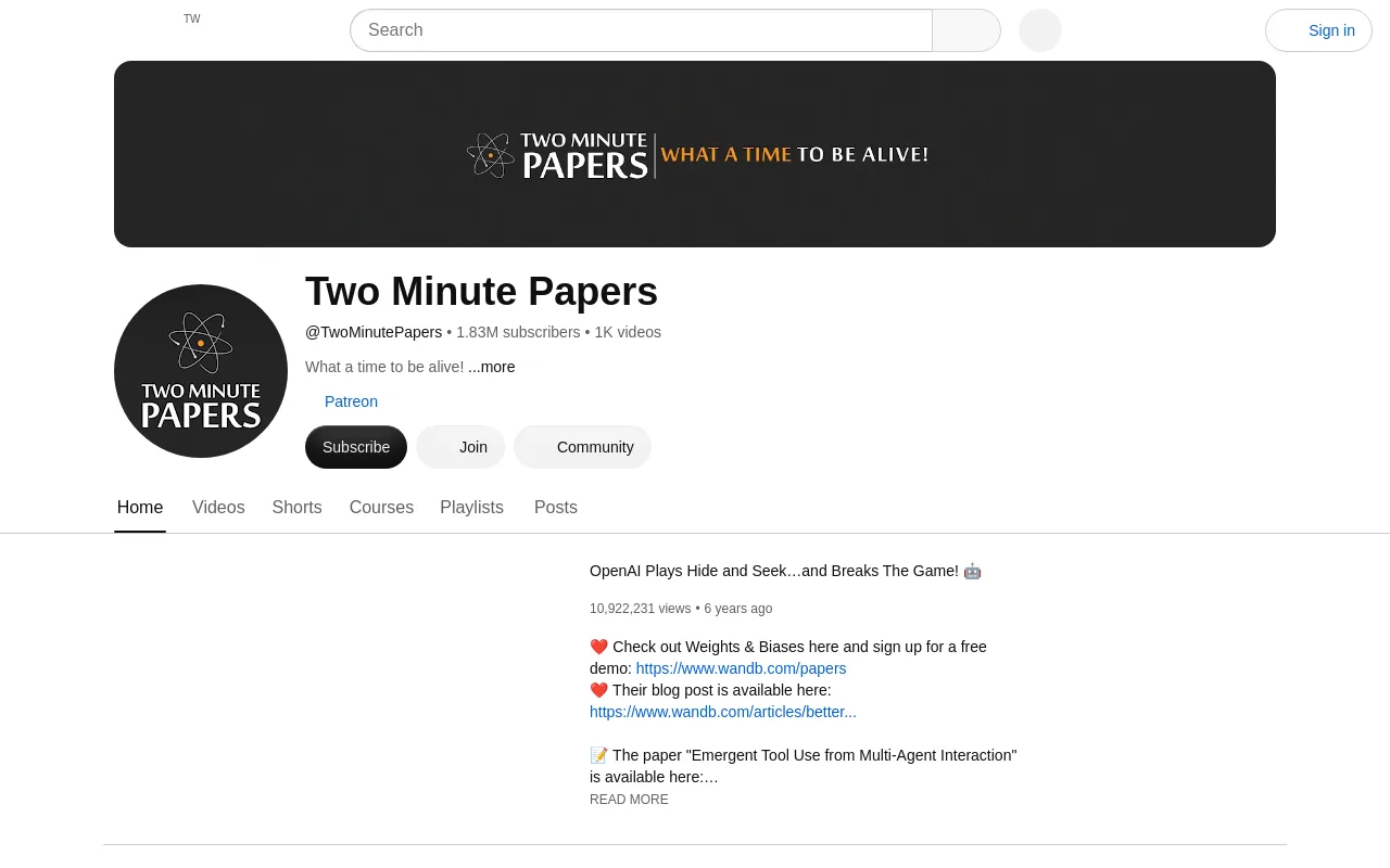 The Two Minute Papers YouTube channel
