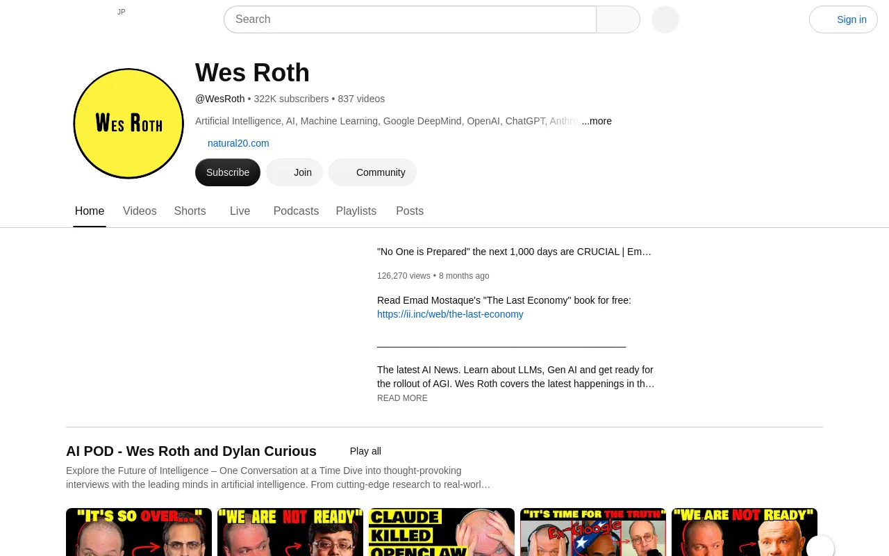 The Wes Roth YouTube channel