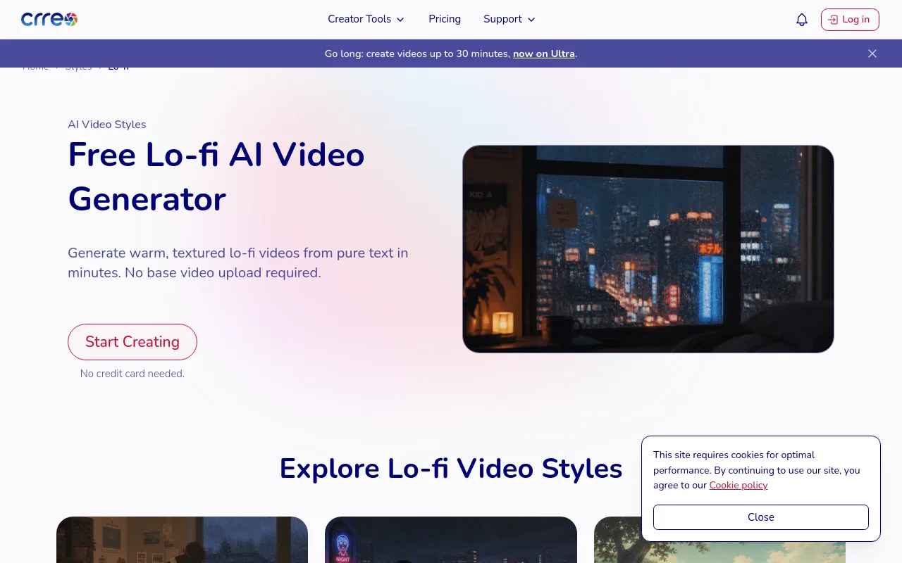 The Crreo free lo-fi AI video generator page