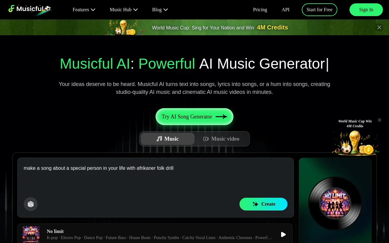 The Musicful AI music and music video generator homepage