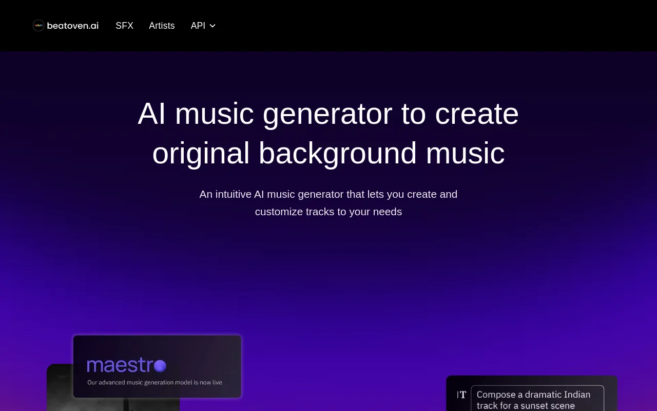 The Beatoven.ai homepage for AI background scores