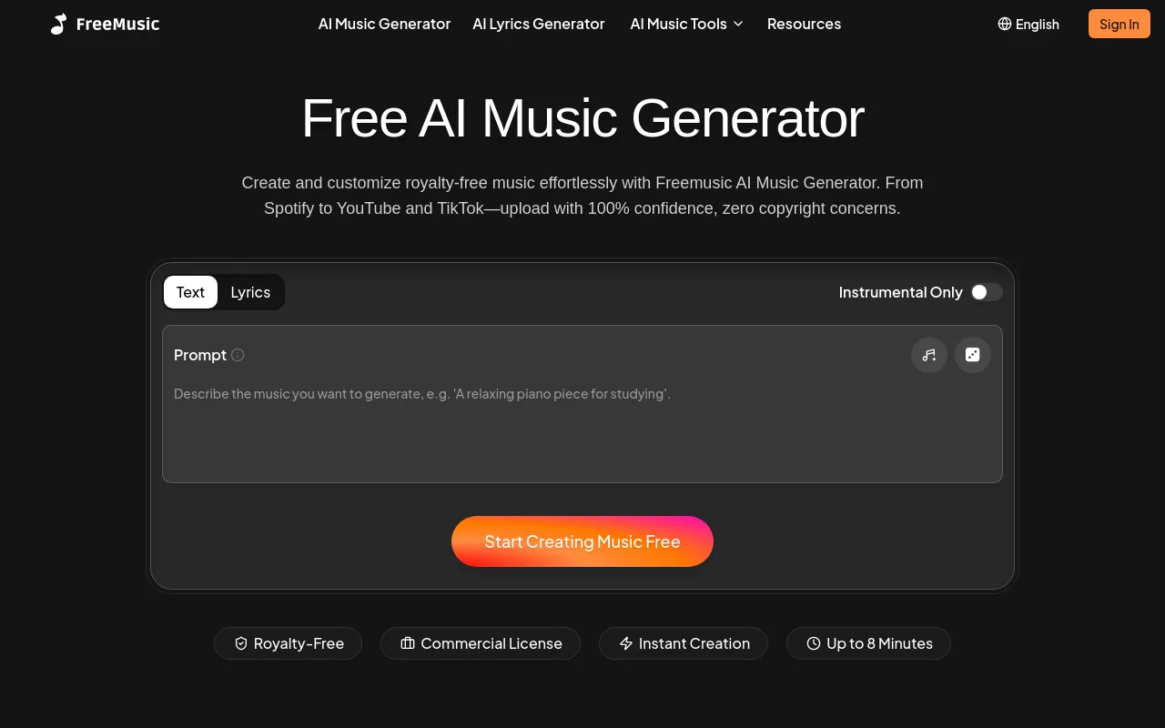 The FreeMusic AI generator homepage