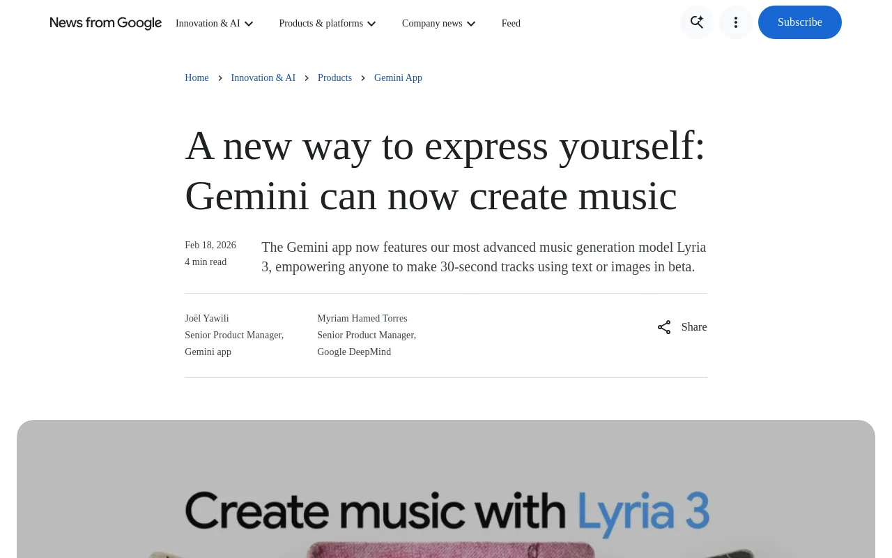 Google's Lyria 3 announcement for the Gemini app