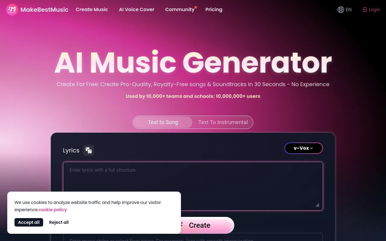 The MakeBestMusic AI music generator homepage