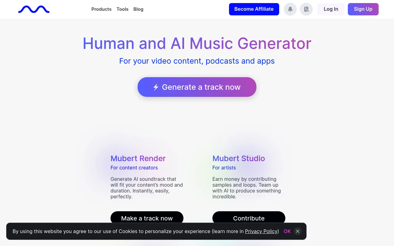 The Mubert homepage showing its duration-matched soundtrack product