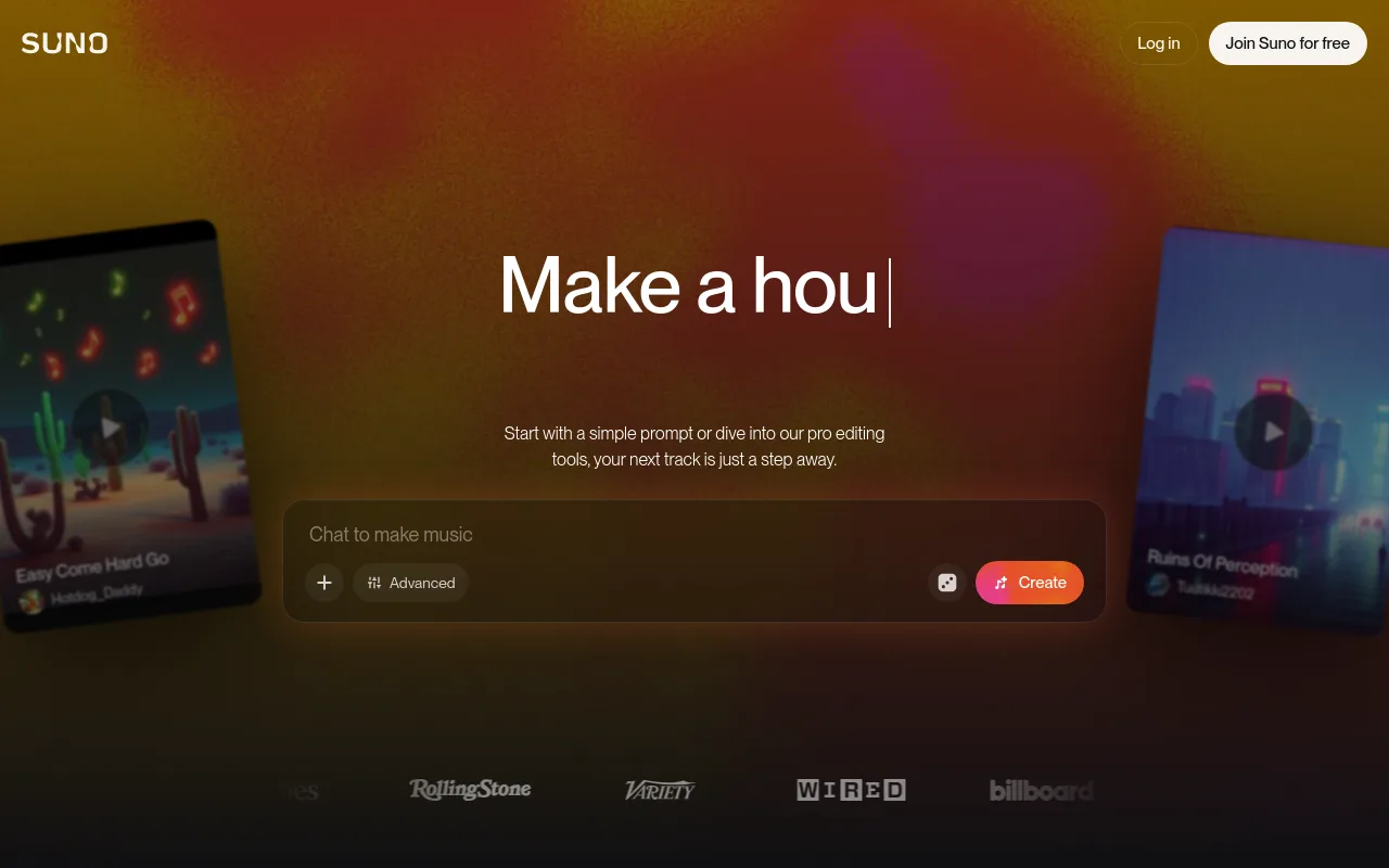 The Suno AI music generation homepage