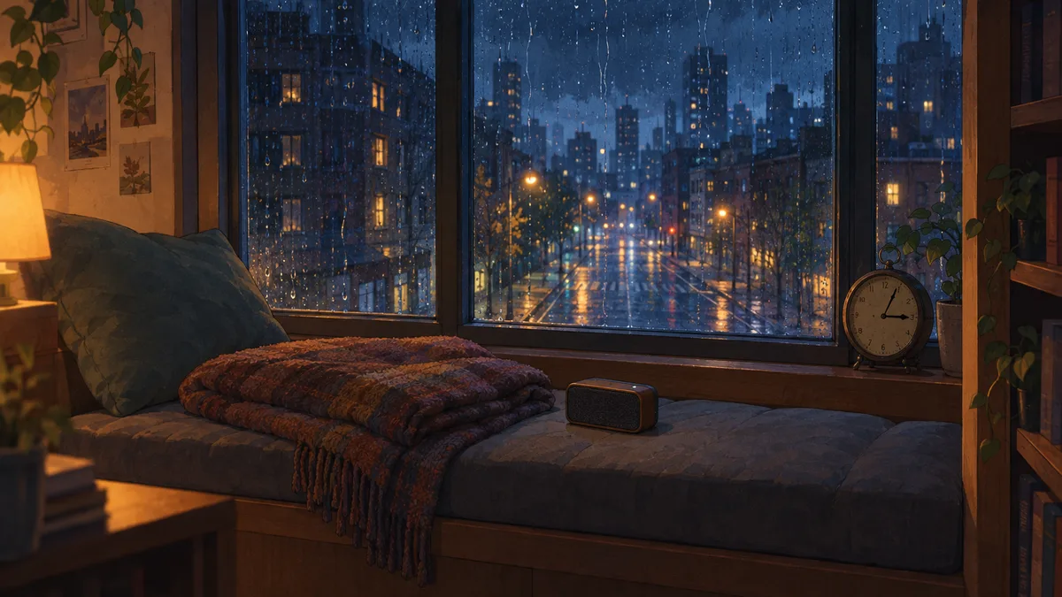 A window seat in a dark city flat in the small hours, a folded blanket and a small speaker on the cushion, rain running down the glass over empty wet streets and an old clock on the sill just past three.