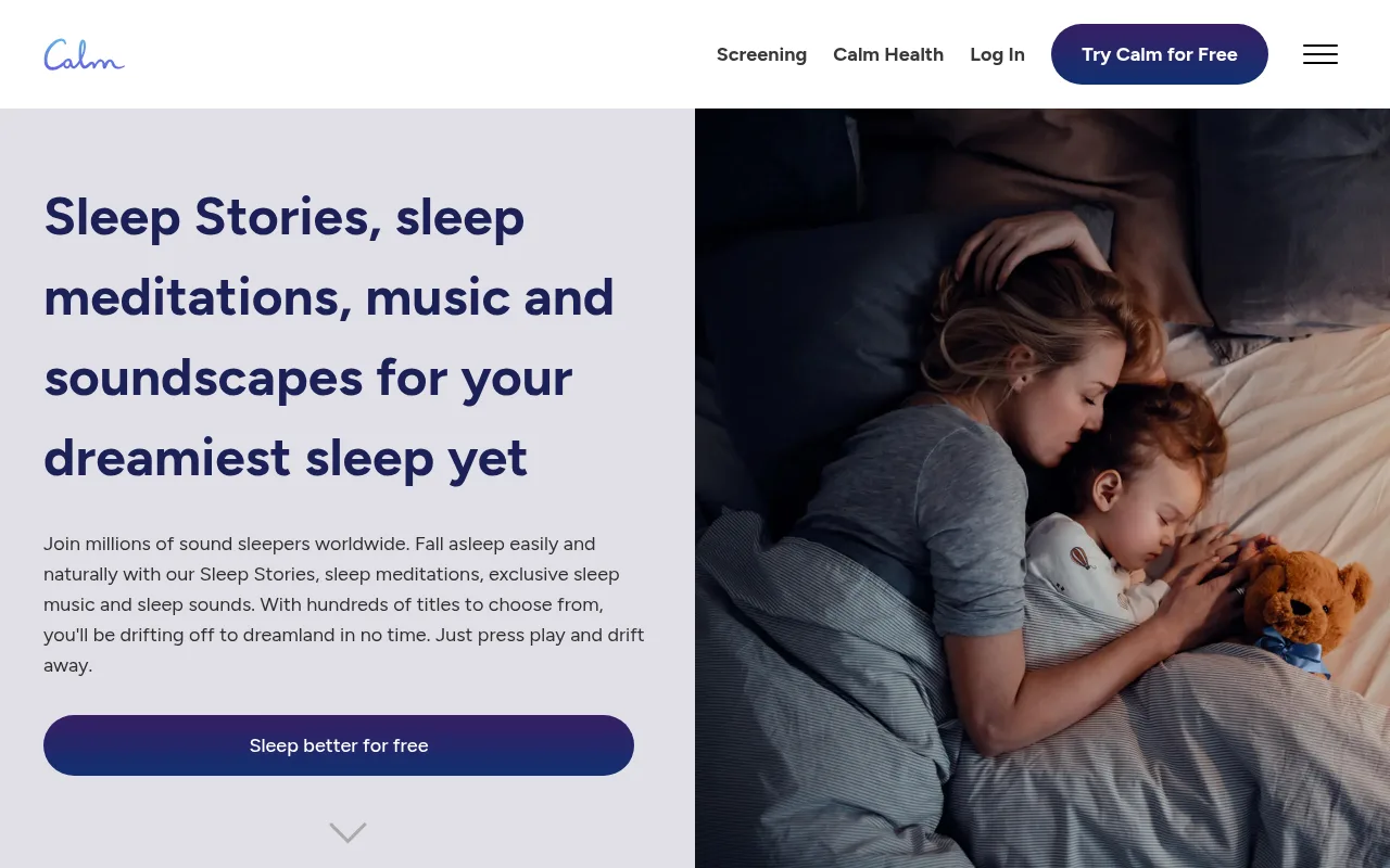 The Calm sleep page with its sleep music, soundscapes and Sleep Stories