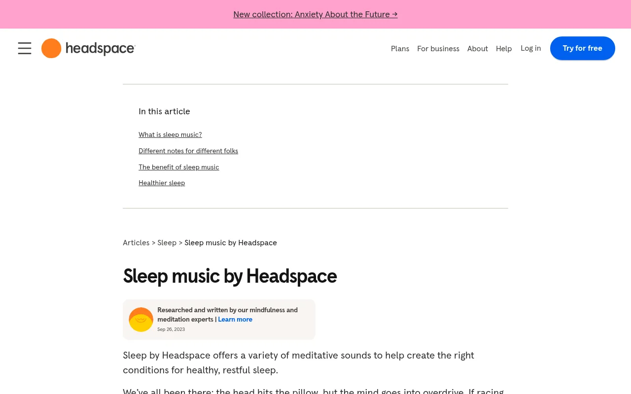 The Headspace sleep music page