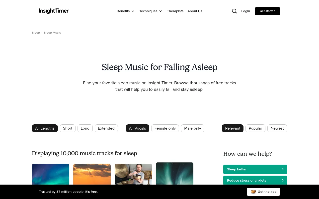 The Insight Timer free sleep music library with filters for track length