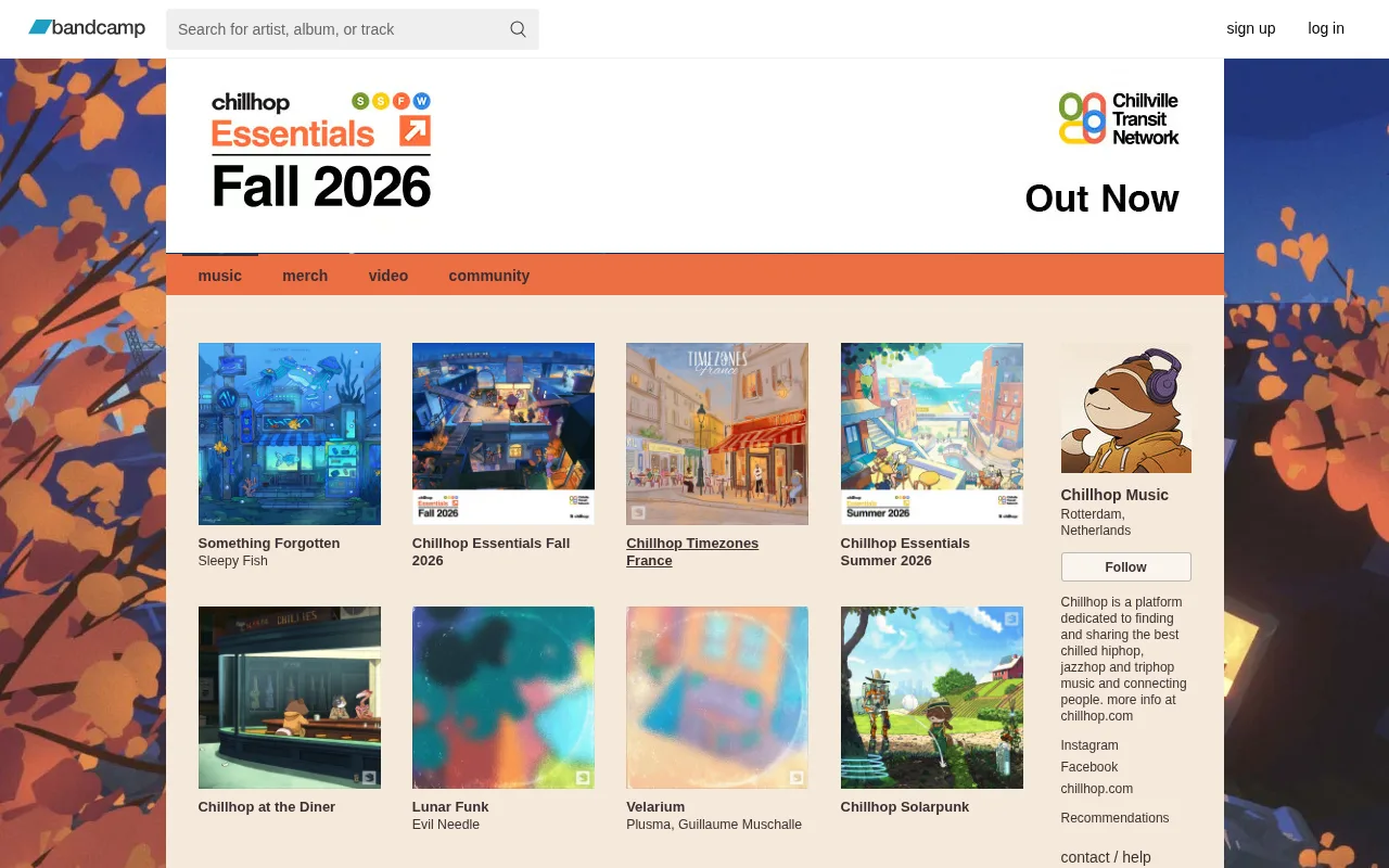 The Chillhop Music Bandcamp page with its Chillhop Essentials compilations