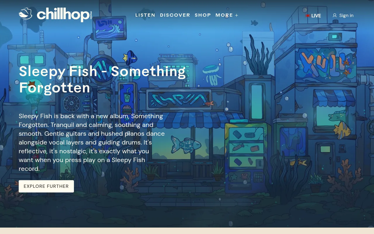 The Chillhop Music homepage with a new Sleepy Fish album up front and the Live link at the top