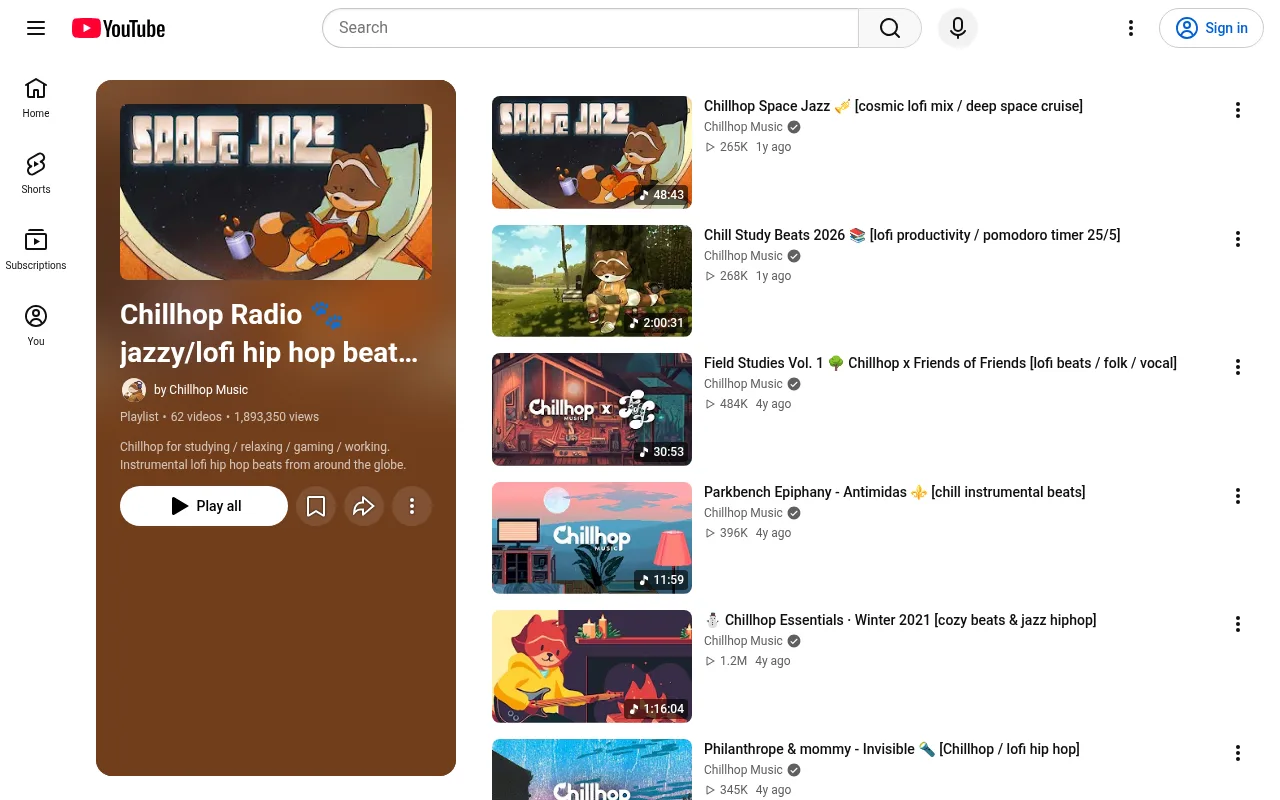 The Chillhop Radio playlist on YouTube, jazzy and lofi hip hop beats to study and relax to