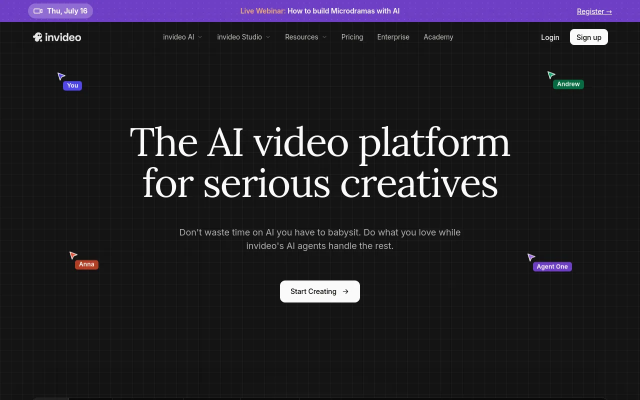 The Invideo home page, a prompt-to-video generator with an editing timeline