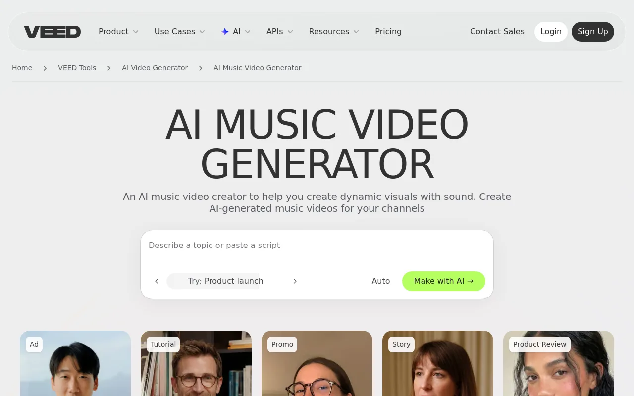 The VEED.IO AI music video generator tool page